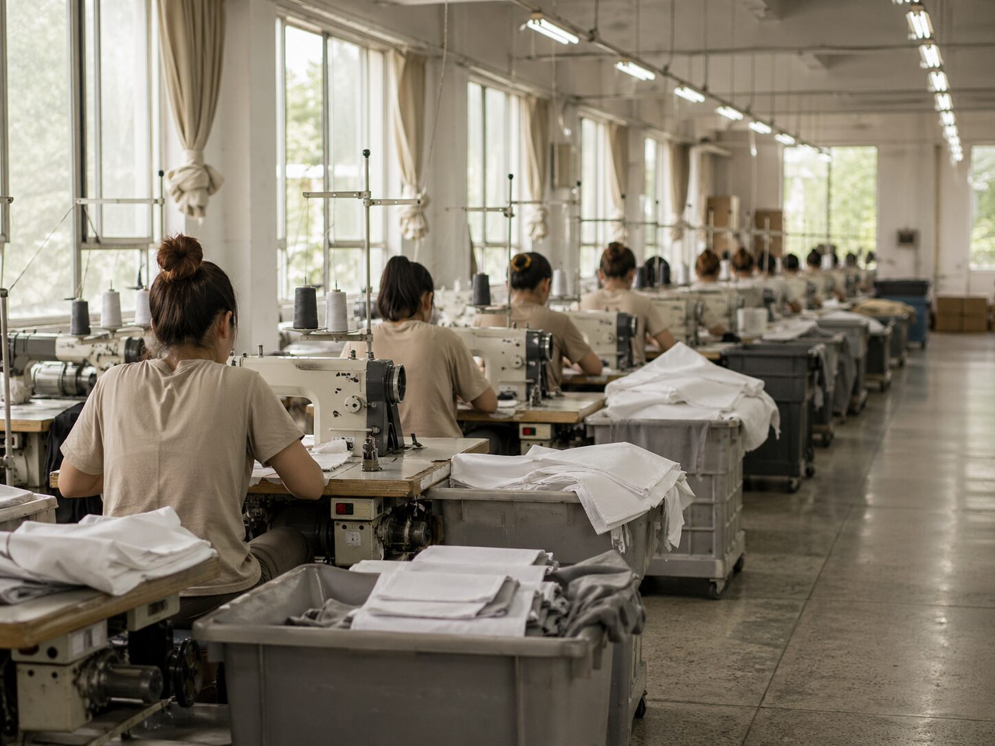 Interior of a clean modern Vietnamese garment factory floor with rows of contemporary sewing machines and bright natural light