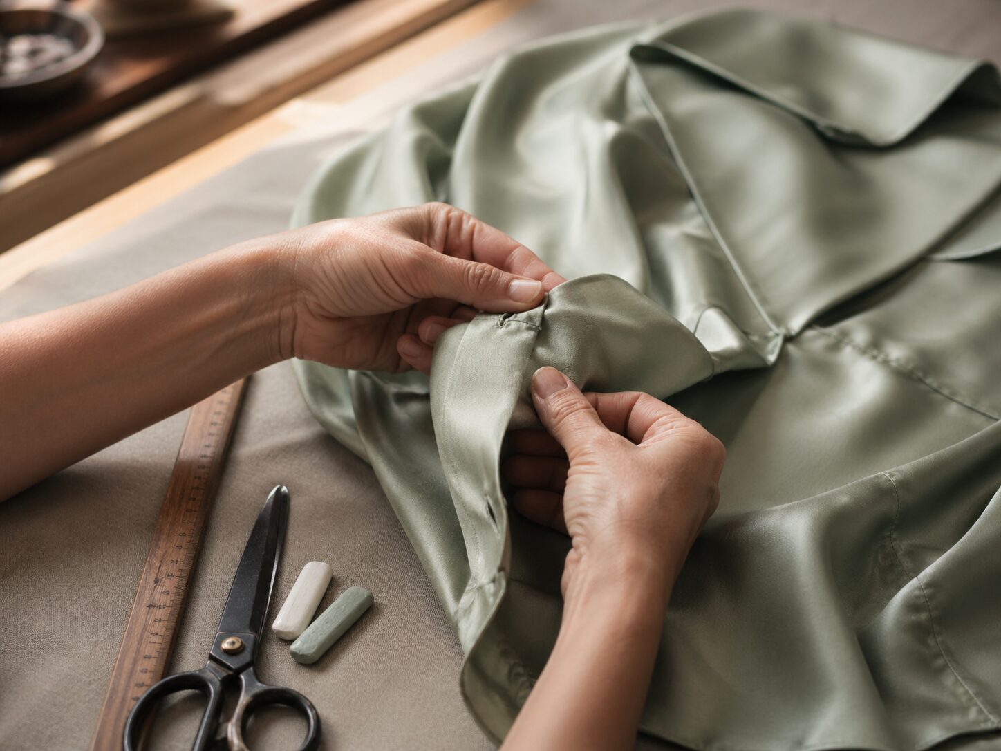 Close-up of hands inspecting the construction of a soft sage green silk shirt at a finishing station