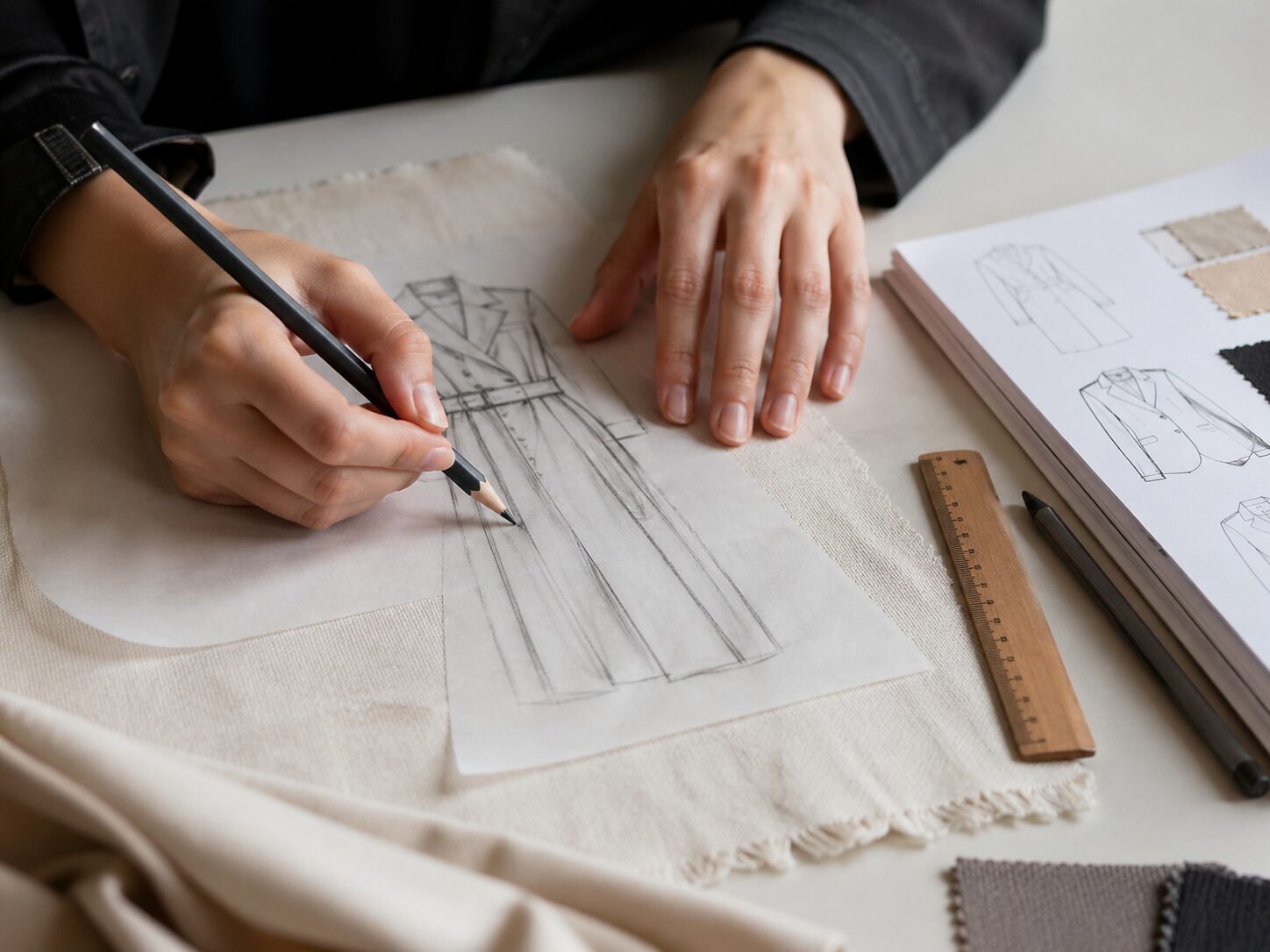 Designer's hands sketching a garment on tracing paper laid over a fabric swatch with a wooden ruler and tech pack visible