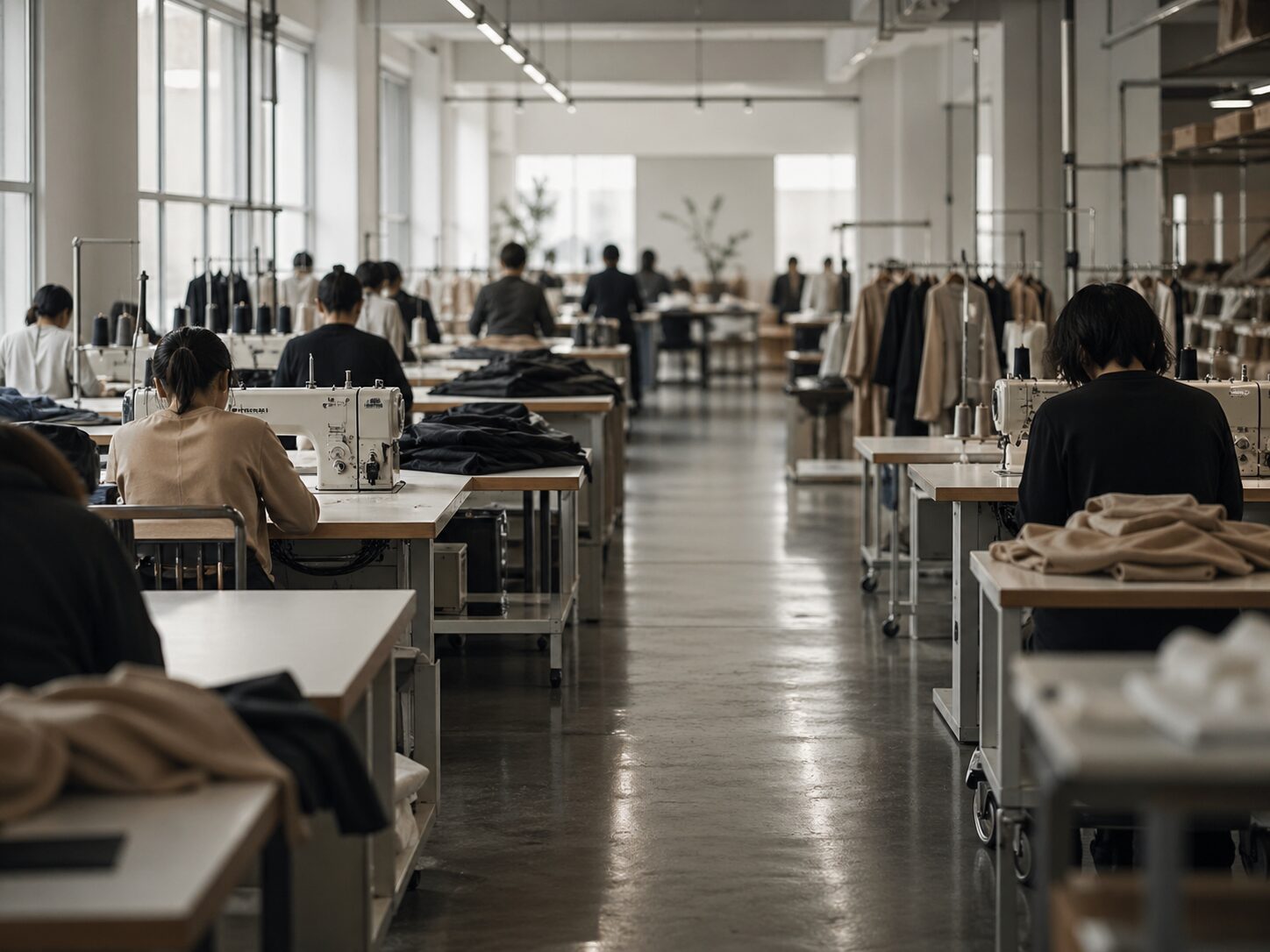 Garment factory production floor with workers visible in silhouette focused on contemporary womenswear pieces in muted colours