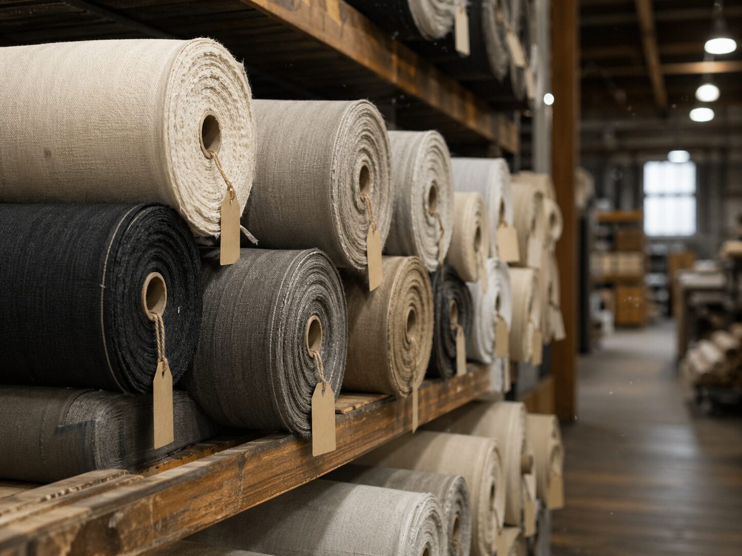 Stacked fabric bolts in muted neutral tones in a fabric warehouse, viewed from a low angle