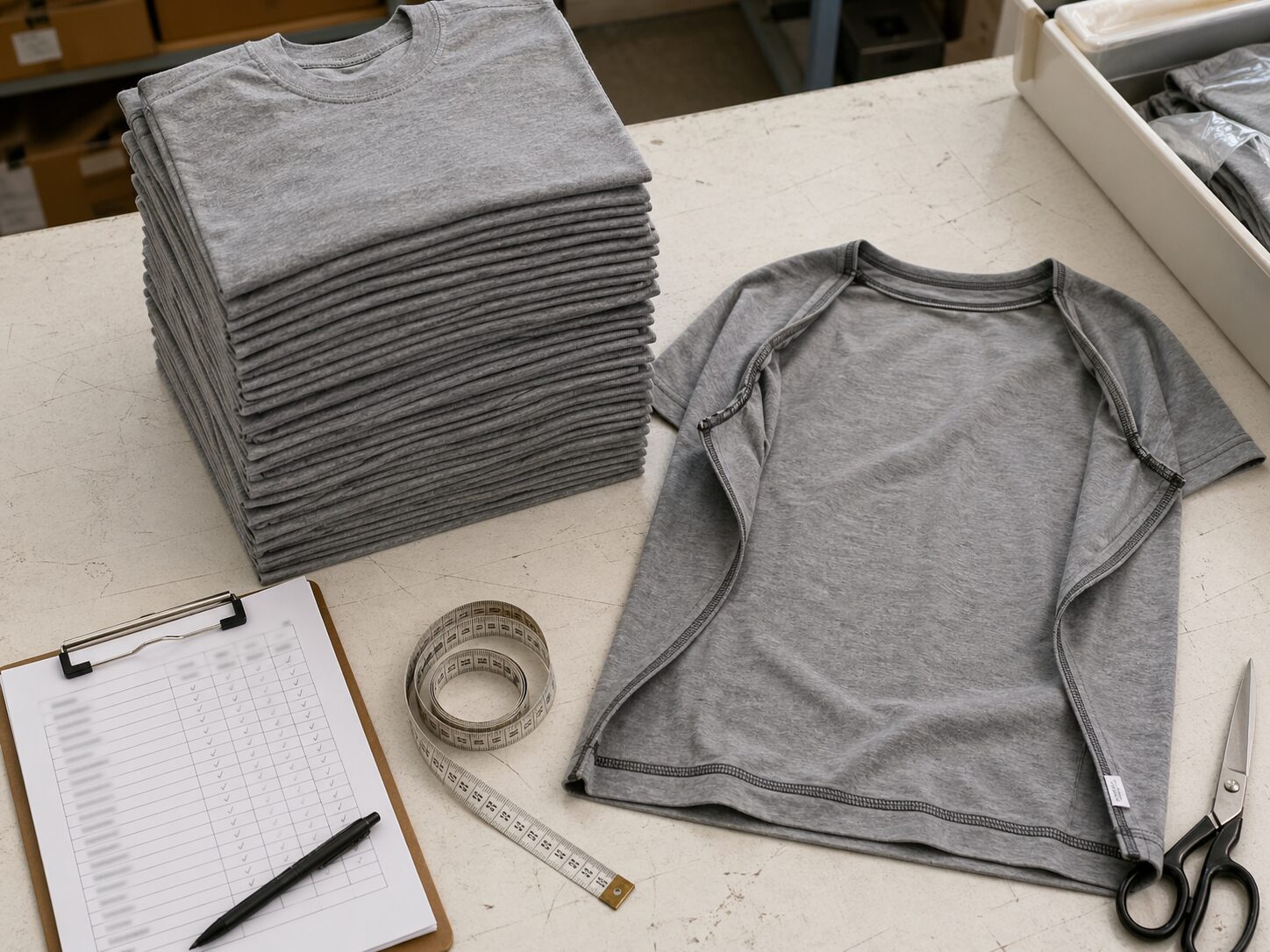Overhead view of a quality control desk with a stack of folded grey t-shirts from a small-batch production run, measuring tape, and clipboard
