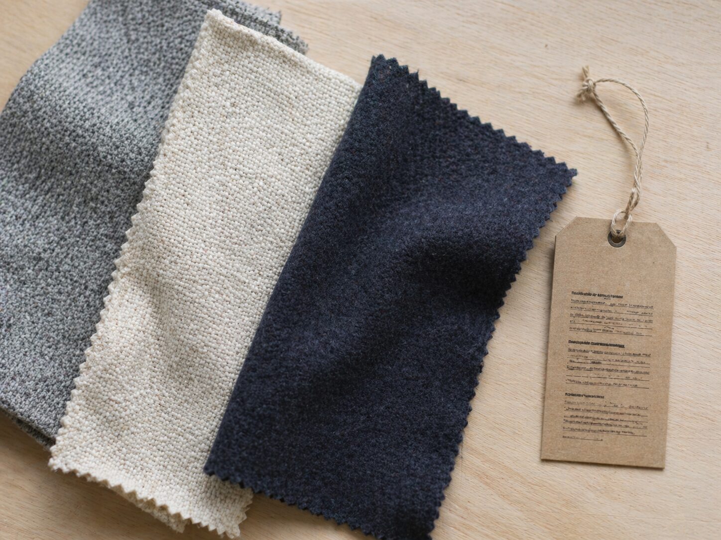 Three recycled fabric swatches on a light wood surface: heathered grey polyester, cream organic-recycled cotton blend, and dark navy recycled wool