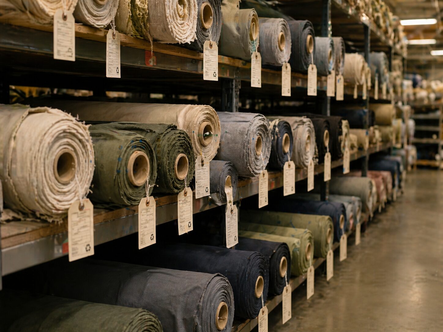 Fabric warehouse aisle showing organised bolts of certified recycled fabric on shelving with paper hangtags visible