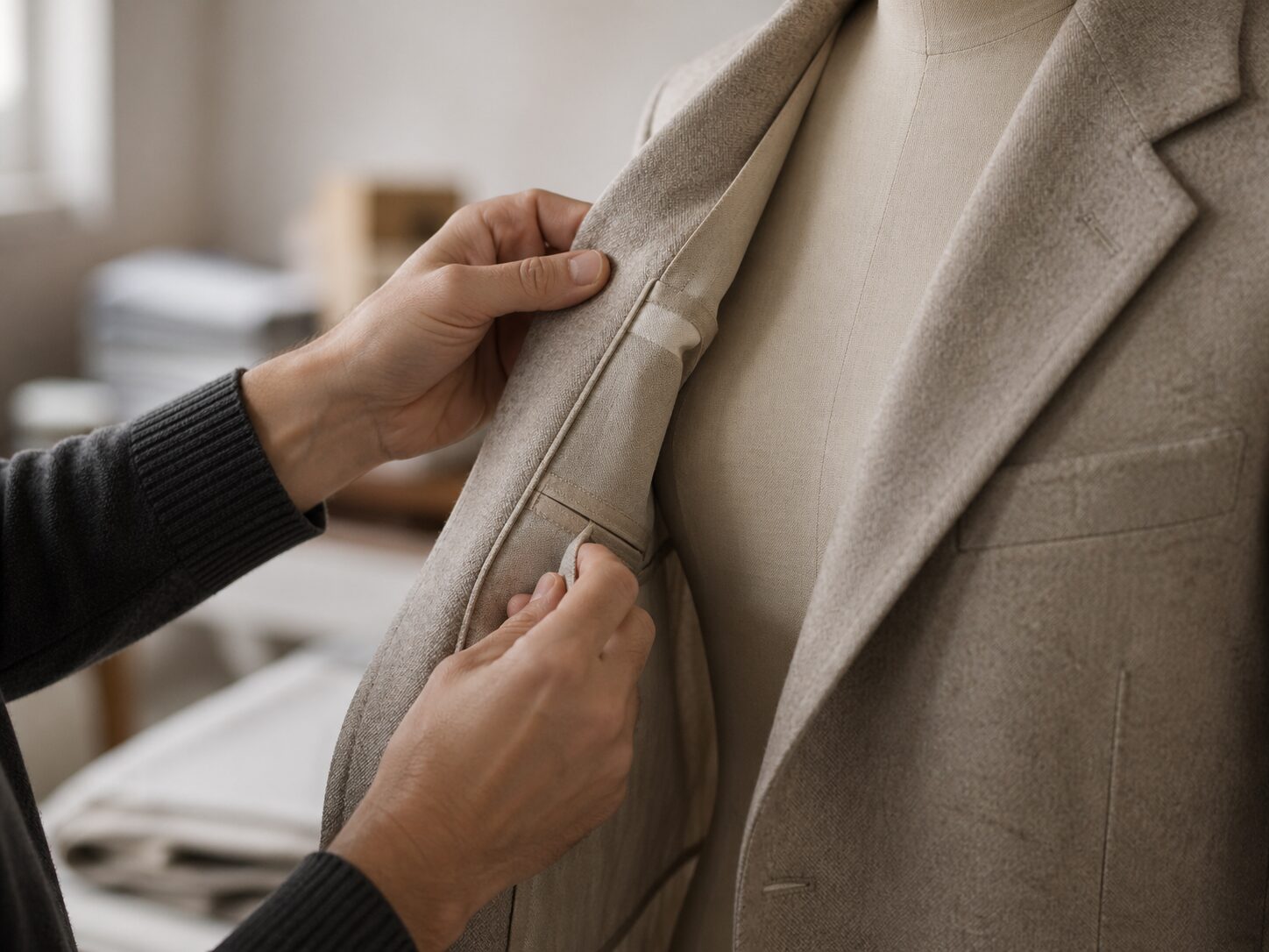 Tailor's hands inspecting the inside seam of a wool blazer on a dress form in a sample room