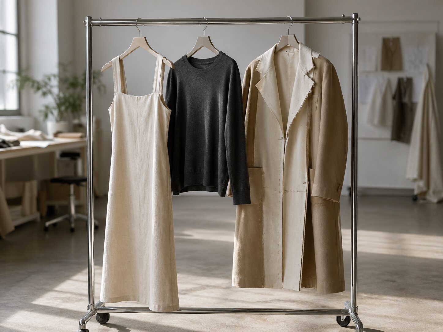 Three contemporary fashion samples on a chrome rolling rack: a cream linen dress, charcoal merino knit top, and unfinished beige overcoat with muslin toile