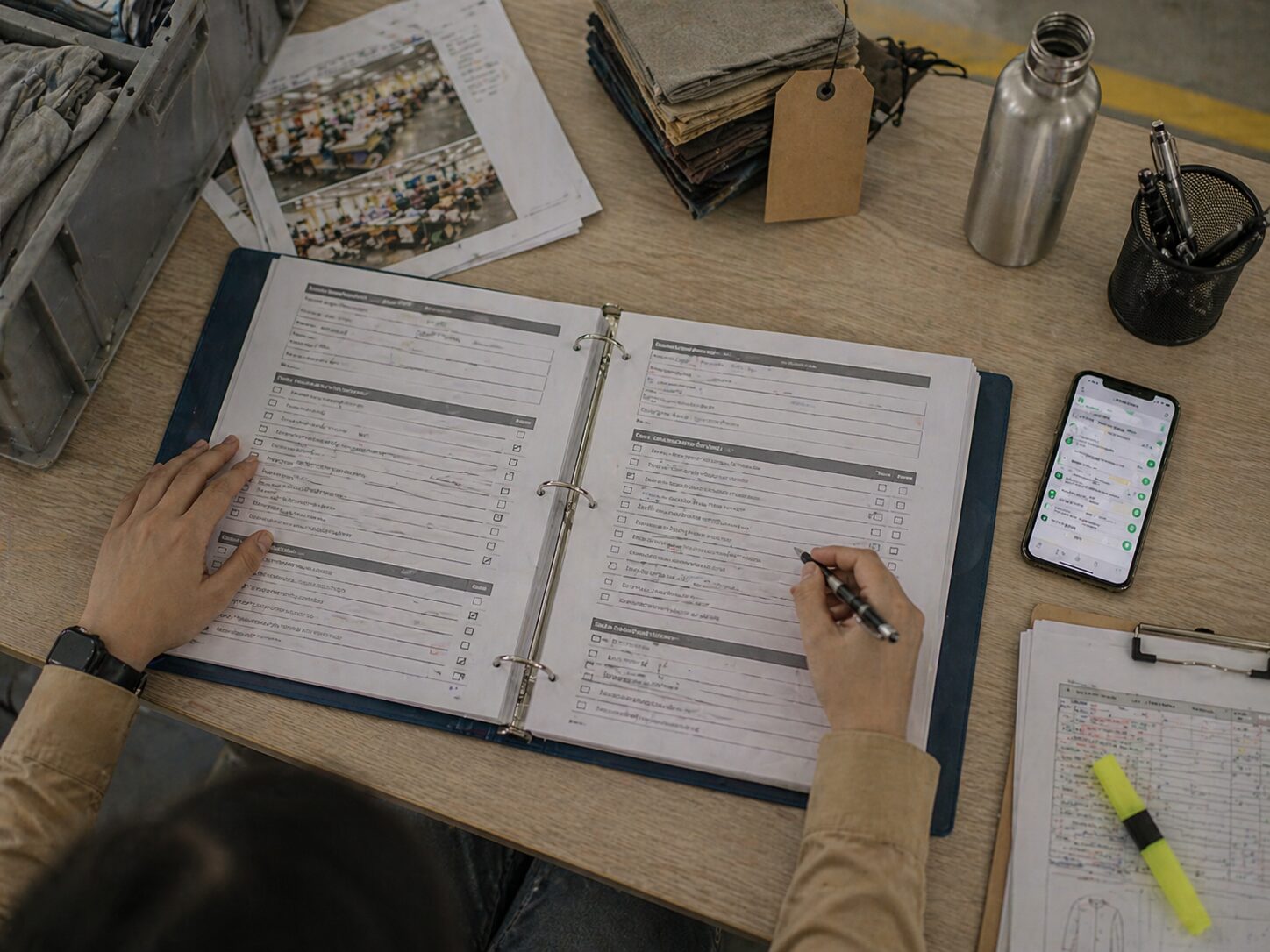 Overhead view of a factory audit desk with an open audit report binder, pen, highlighter, and compliance documentation