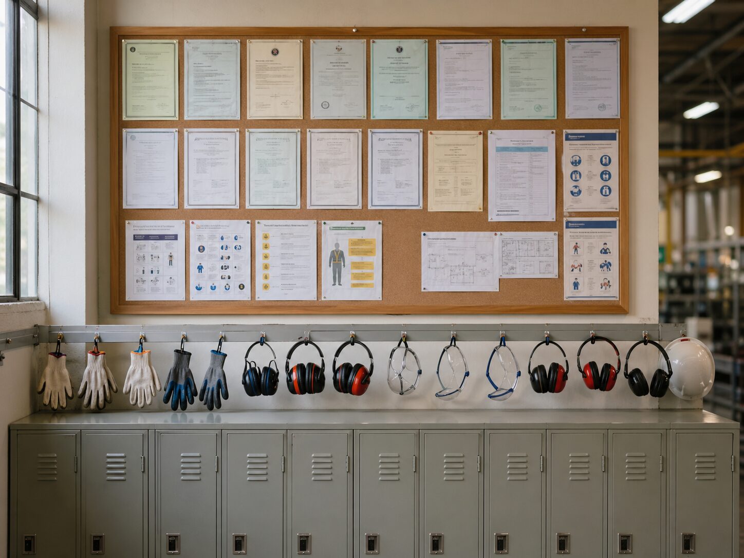 Factory wall with corkboard displaying organised compliance certificates and personal protective equipment hanging from hooks below